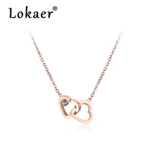Lokaer двойной сердце, кубический циркон цепи и Соединенные ожерелья Jewelry Титан Сталь розовое золото Чокеры Цепочки и ожерелья для Для женщин N18058