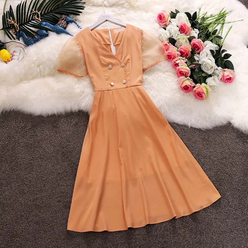

HISUMA 2019 summer new women's V neck puff sleeve double breasted stitching mesh chiffon dress female elegant slim dresses