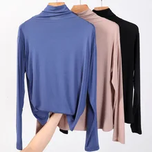 100% bawełny z długim rękawem jednokolorowy golf koszulka damska wysoka rozciągliwość topy slim wiosna jesień obcisłe spodnie, spódnice basic tshirt mocno