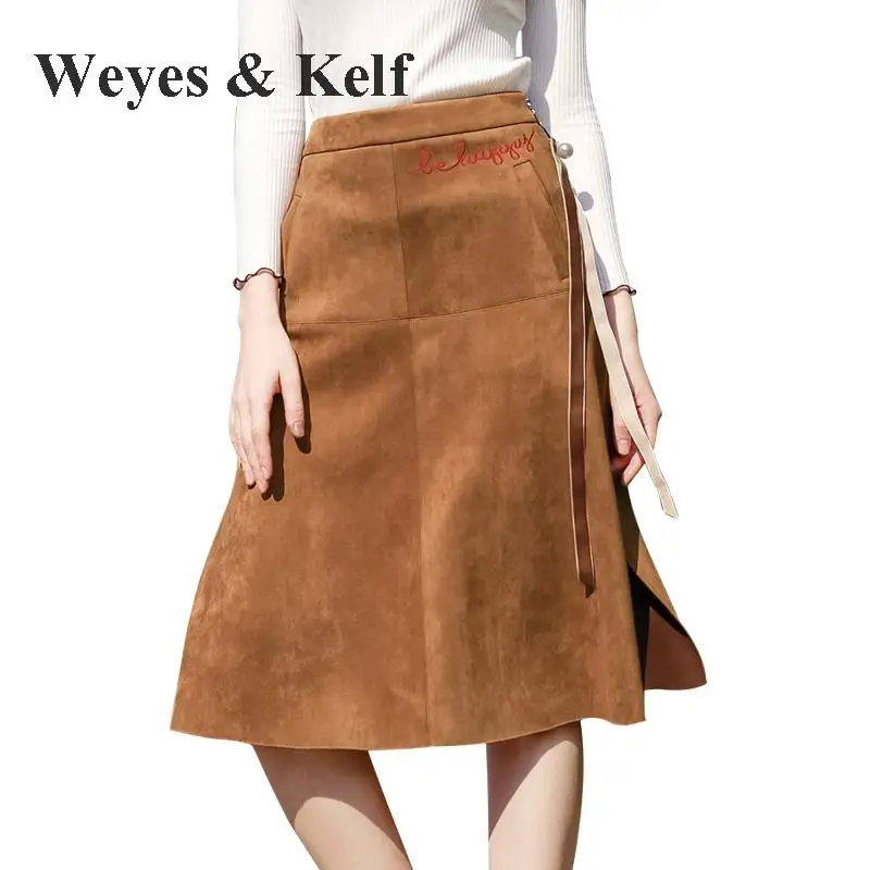 

Weyes & Kelf Spring Suede Long Skirts For Women 2018 High Waist Slim Embroidery Skirt Fashion Zipper A-line Skirts Womens Femme