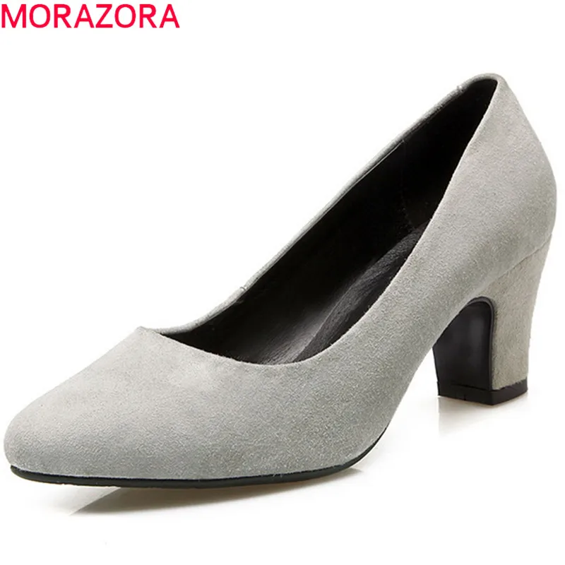 

MORAZORA 2020 spring summer kid suede pointed toe female pumps shallow slip on square heels high heels mature women shoes