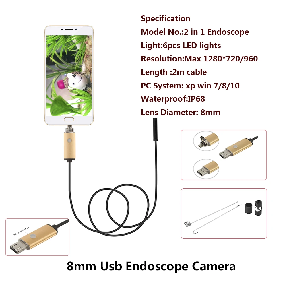 

JCWHCAM Endoscope 8mm Lens 2M USB Endoscope Red 2IN1 Snake Inspection Camera Endoscopio Android OTG Phone Borescope for Android