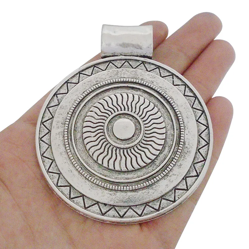 

2 x Antique Silver Boho Bohemia Tribal Large Big Round Medallion Charms Pendants for Necklace Jewelry Making Findings 77x64mm