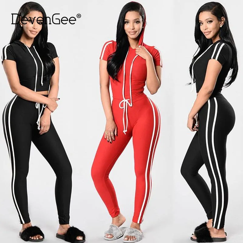 

DevenGee New 2019 Summer Sporting Suit Set For Women 2 Piece Set Striped Crop Top and Pants Female Tracksuit Two Piece Outfits