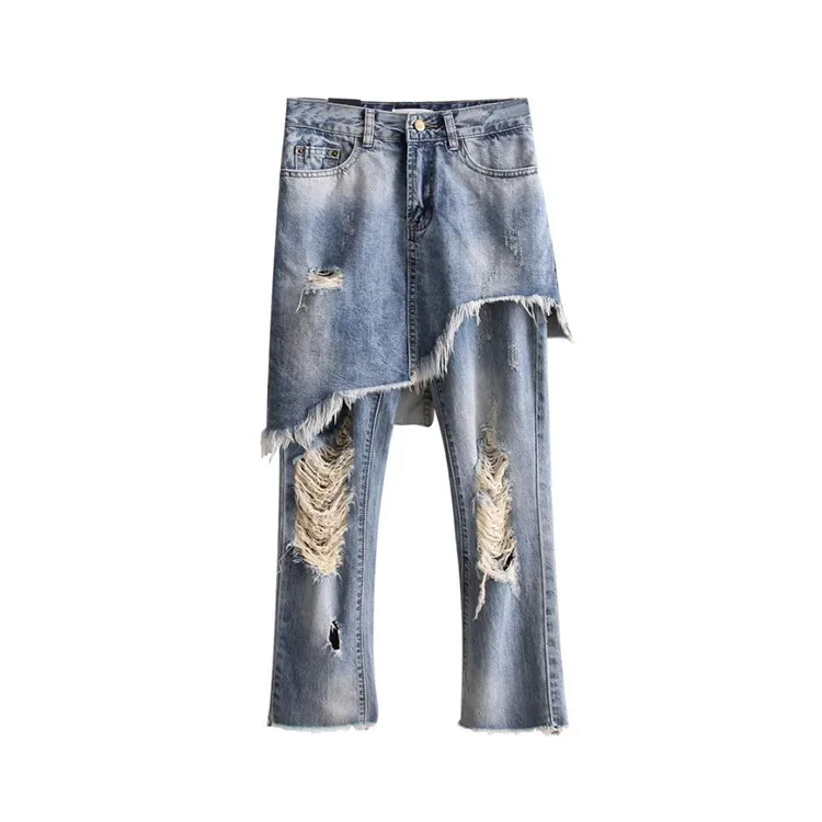 

New 2017 Spring Women Hole Washed Jeans Fake Two Pieces Denim Pants Slim Solid Scratched Irregular Flare Pants Trouses  KZ0281