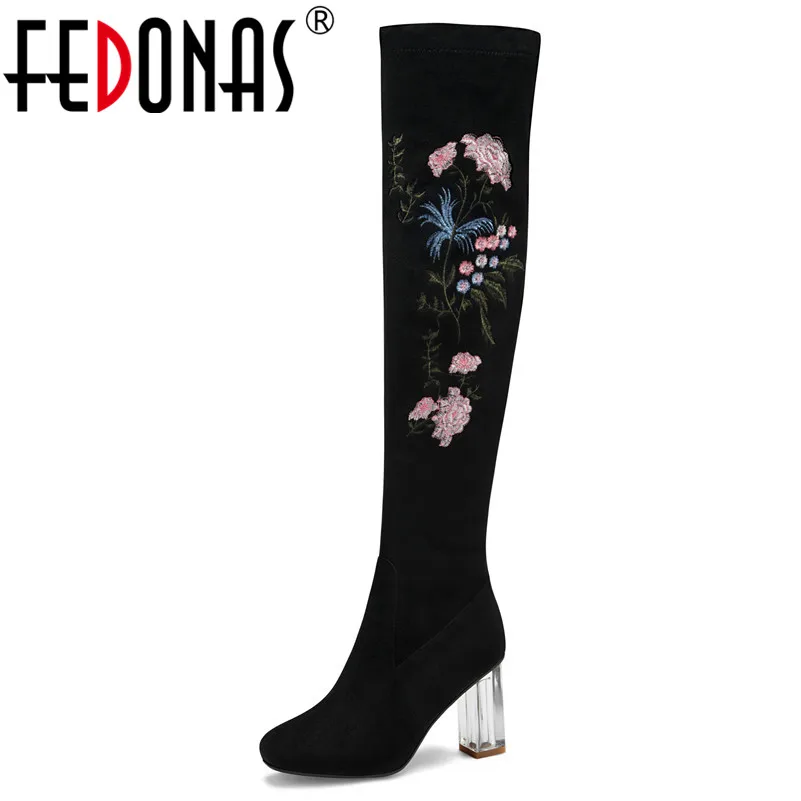 

FEDONAS Vintage Embroider Black Mink Women Knee High Boots 2019 Winter Round Toe Square Heels Zipper Party Office Shoes Woman