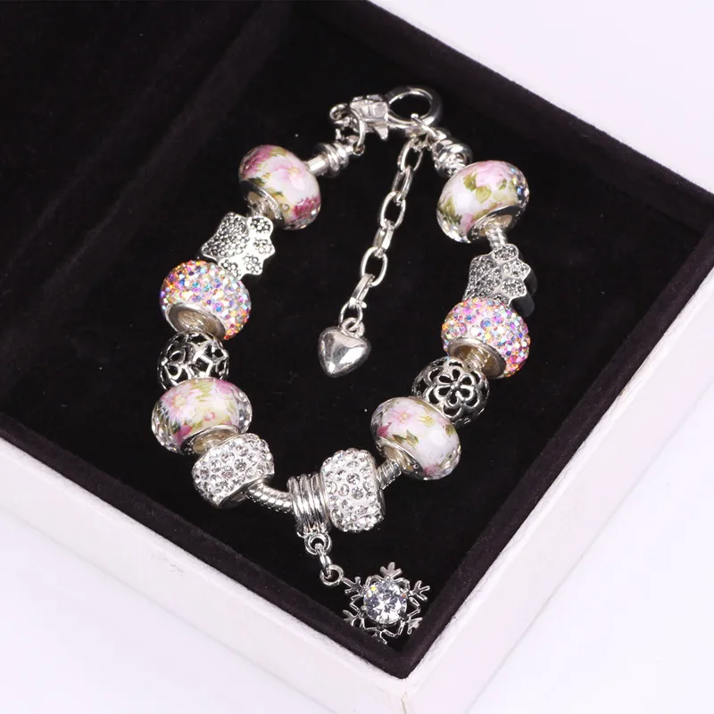 

2019 Fashion Silver Color Bracelets Bangles Crystal Murano Beads Charm For Women DIY Vintage snowflake CZ Bead DIY Bracelets