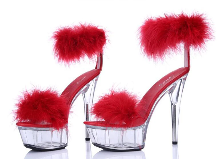 Сандалии женские модельные туфли на платформе с Т-образным ремешком для сцены; коллекция года; летние туфли пикантные туфли на высоком каблуке 15 см свадебные туфли с перьями; большие размеры
