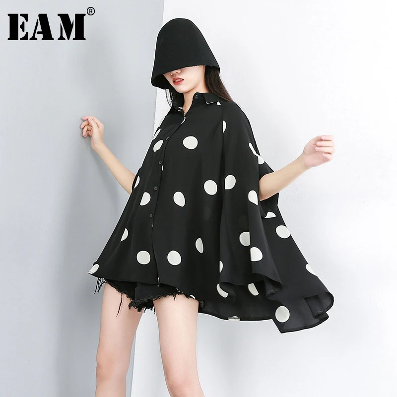 

[EAM] 2019 New Spring Summer Lapel Half Sleeve Black Dot Printed Loose Temperament Big Size Shirt Women Blouse Fashion JW576