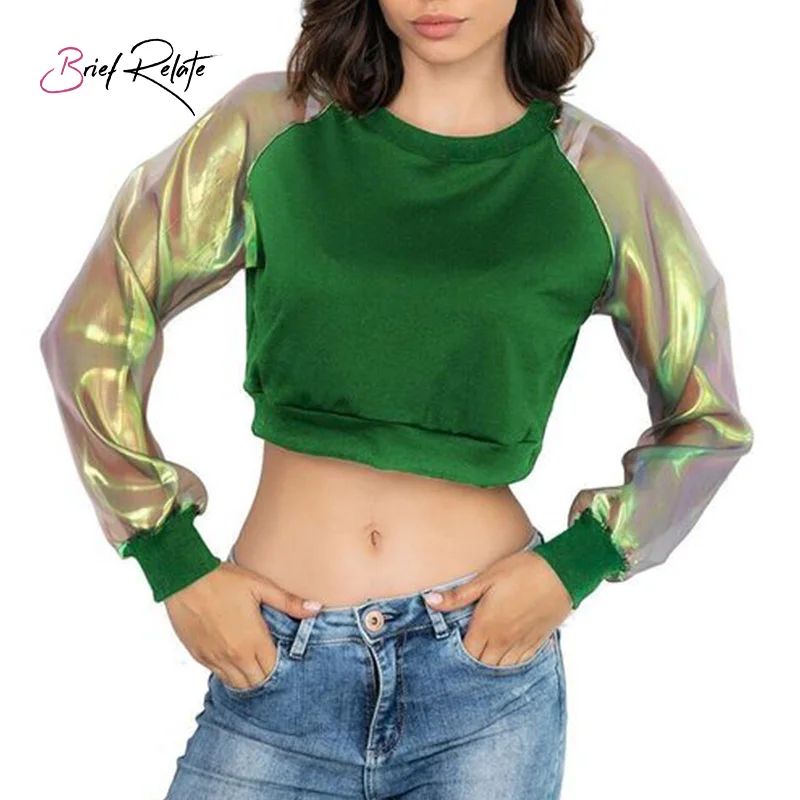 Brief Relate New Cool Puff Long Sleeve Women Hoodies Chic Chameleon Gauze Black Pink Turnover Short Sweatshirt Pullovers Brief Relate New Cool Puff Long Sleeve Women Hoodies Chic Chameleon Gauze Black Pink Turnover Short Sweatshirt Pullovers