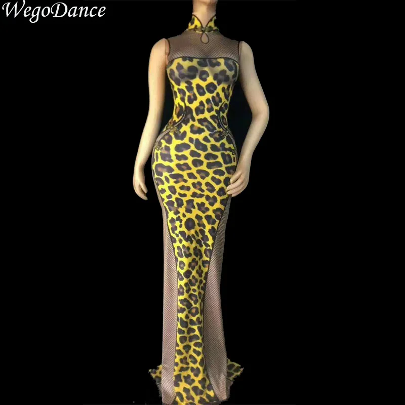 Новый сексуальный леопардовый узор без рукавов Cheongsam Длинные женские ночной клуб певица сценический костюм Бесплатная доставка