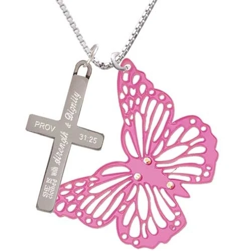 Acrylic Cut Out Butterfly Mirror Pink - Strength and Dignity - Cross Necklace (1)