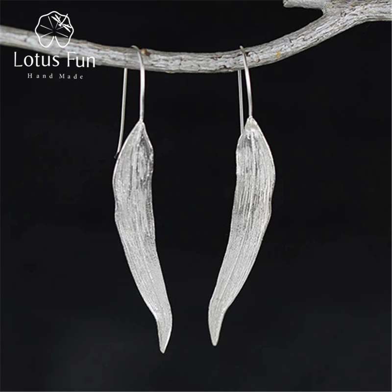Lotus Fun Real 925 Sterling Silver Natural Original Handmade Fine Jewelry Long Leaves Fashion Dangle Earrings for Women Brincos
