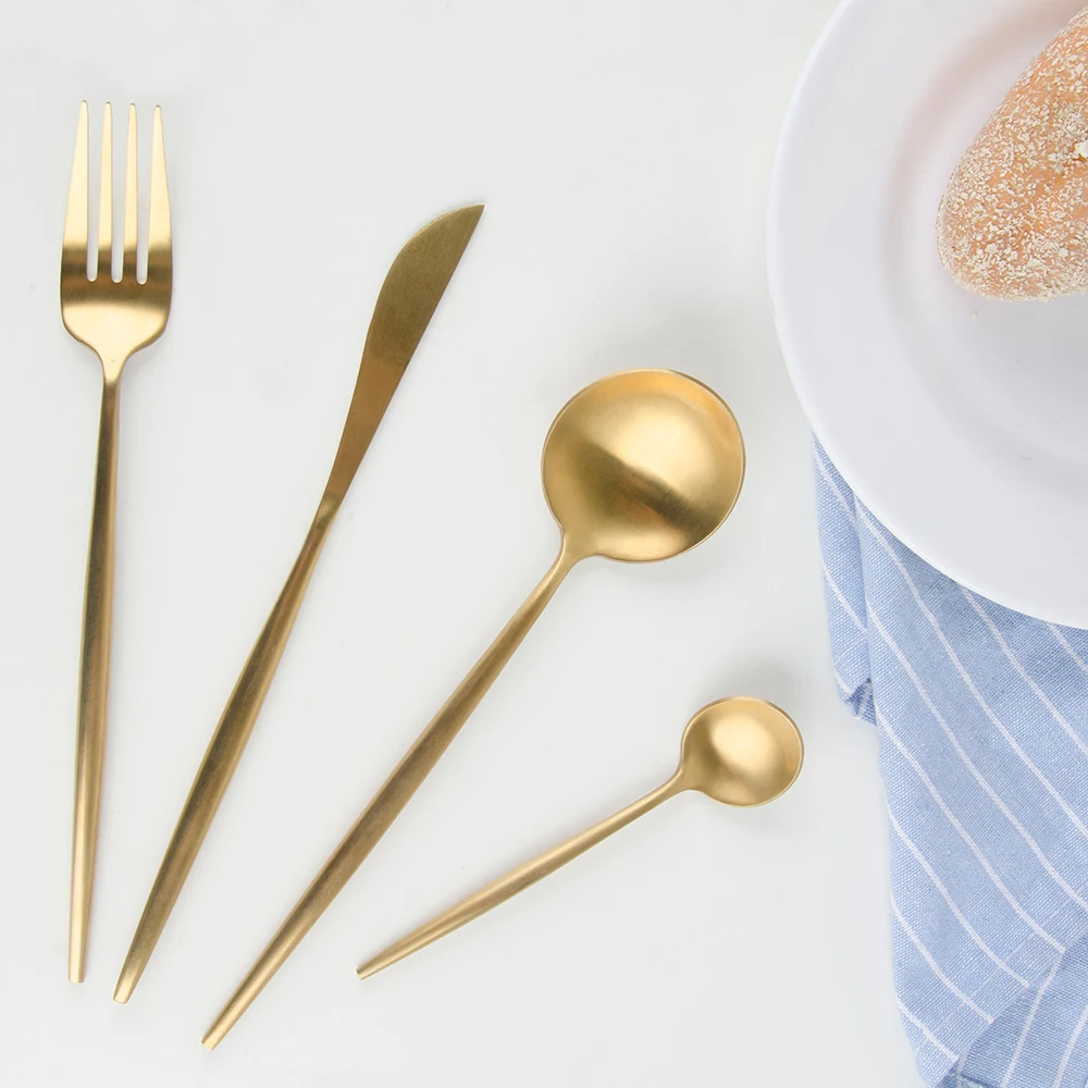 

SOWOLL Stainless Steel Dinner Knives 4-pieces Gold Cutlery Set Fruit Salad Serving Utensils Kitchen Dinner Knife Fork Spoon Set