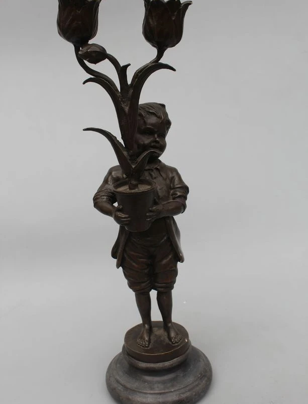 

14"Western Art sculpture Bronze Marble Boy Vase Candlestick candler sculpture