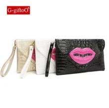 Patrón de cocodrilo de lujo genuino cuero real embrague bolso de las mujeres del diamante rojo Labios hombro mensajero del sobre del bolso
