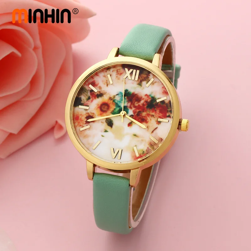 

MINHIN New Design Garden Flower Watches Women Leather Wrist Quartz Watch Bracelet Gift Brand Ladies Watch Relogio Feminino