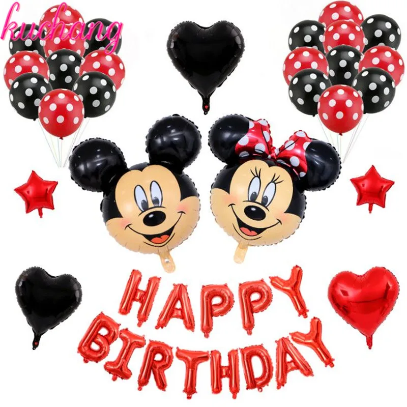 

1set/lot Mickey Minnie mouse head foil balloons 16inch red black birthday letter party Decor 12inch Dot Latex Ballon baby showe