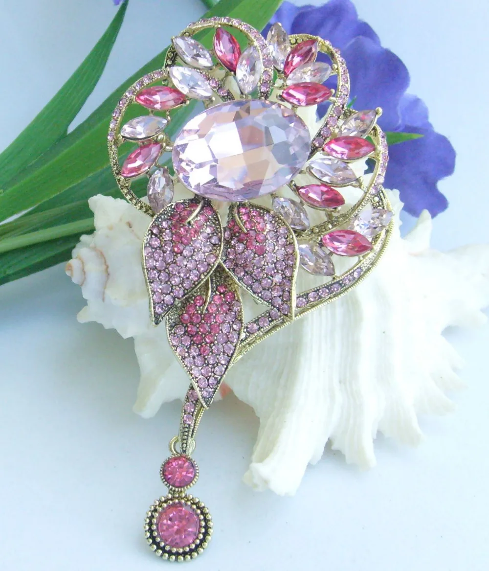 HelenaJewelry 4.53" Gold tone Pink Rhinestone Crystal Flower Brooch Pin