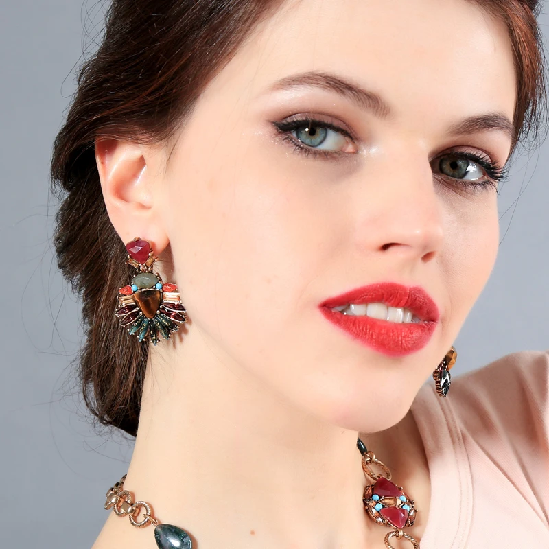 

Unique Colorful Resin Natural Stone Crystal Drop Earrings 2018 Design Pierced Ethnic Vintage Earrings Indian Jewelry