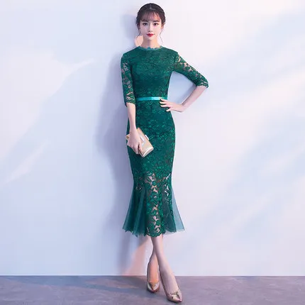 green Брендовая Дизайнерская обувь традиционное китайское платье Qipao женские вечерние платья Винтаж Cheongsam Для женщин невесты кружевное платье с юбкой-годе - Цвет: green