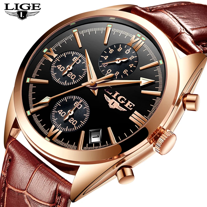 

LIGE Men Watch Top brand luxury chronograph leather quartz watch men leisure waterproof sports military clock Relogio Masculino