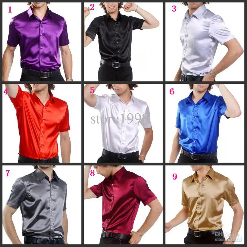 Новое поступление Для мужчин короткий рукав Свадебные Жених Шелковый Рубашки для мальчиков 9 Цвета жених рубашка(тонкий и свободные) m282
