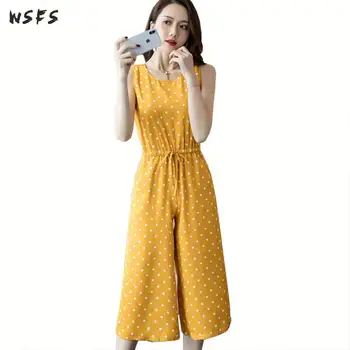 

Summer Jumpsuits Oneck Sleeveless Yellow Dot Bodysuit Casual Lady Belt Rompers Wide-legged Pant Women Jumpsuit Playsuit Overalls