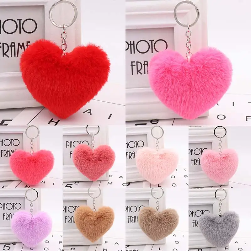 

New 10CM Faux Rabbit Fur Ball Heart Keychains For Women Car Handbag Pendant Key Ring Jewelry Accessories