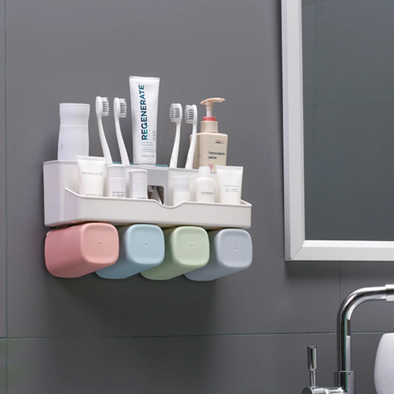 

Behogar Home Automatic Toothpaste Squeezer Dispenser Wall Mounted Bathroom Wash Racks Shelf Organizer with 4pcs Holder Slot