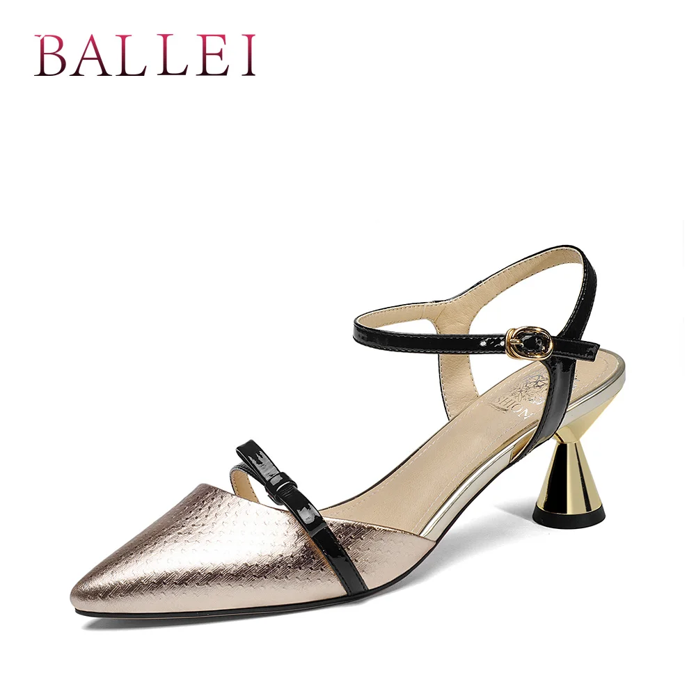 

BALLEI Handmade Woman Sandal Luxury Genuine Leather Sexy Pointed Toe Soft Heel Shoes Fashion Elegant Back Strap Solid Pump S114