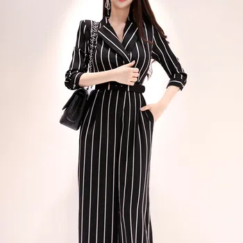 

Wide Leg Jumpsuit Overalls 2019 Long Trousers Fashion Women striped Office Lady Elegant jumpsuits With Belt