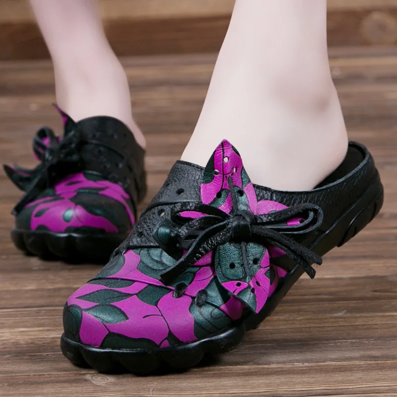 

Hot selling,New 2018 Spring/Summer,Women ethnic style genuine leather slippers,Bowknot hollow flower flat heel slippers
