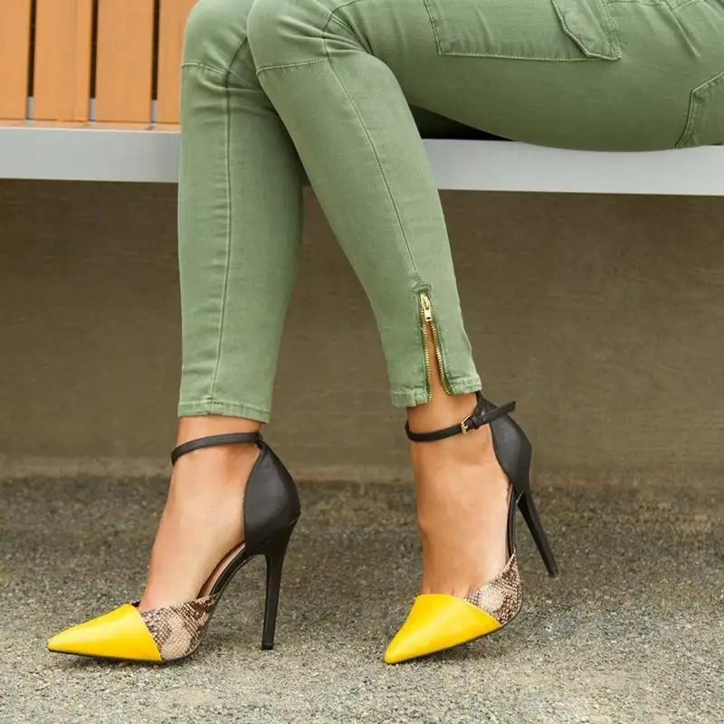 New Mixed Colors Snake Prints High Heels Pumps Pointy Toe Snakeskin Dress Sandals Buckle Strap Stiletto Strip Party Shoes Women