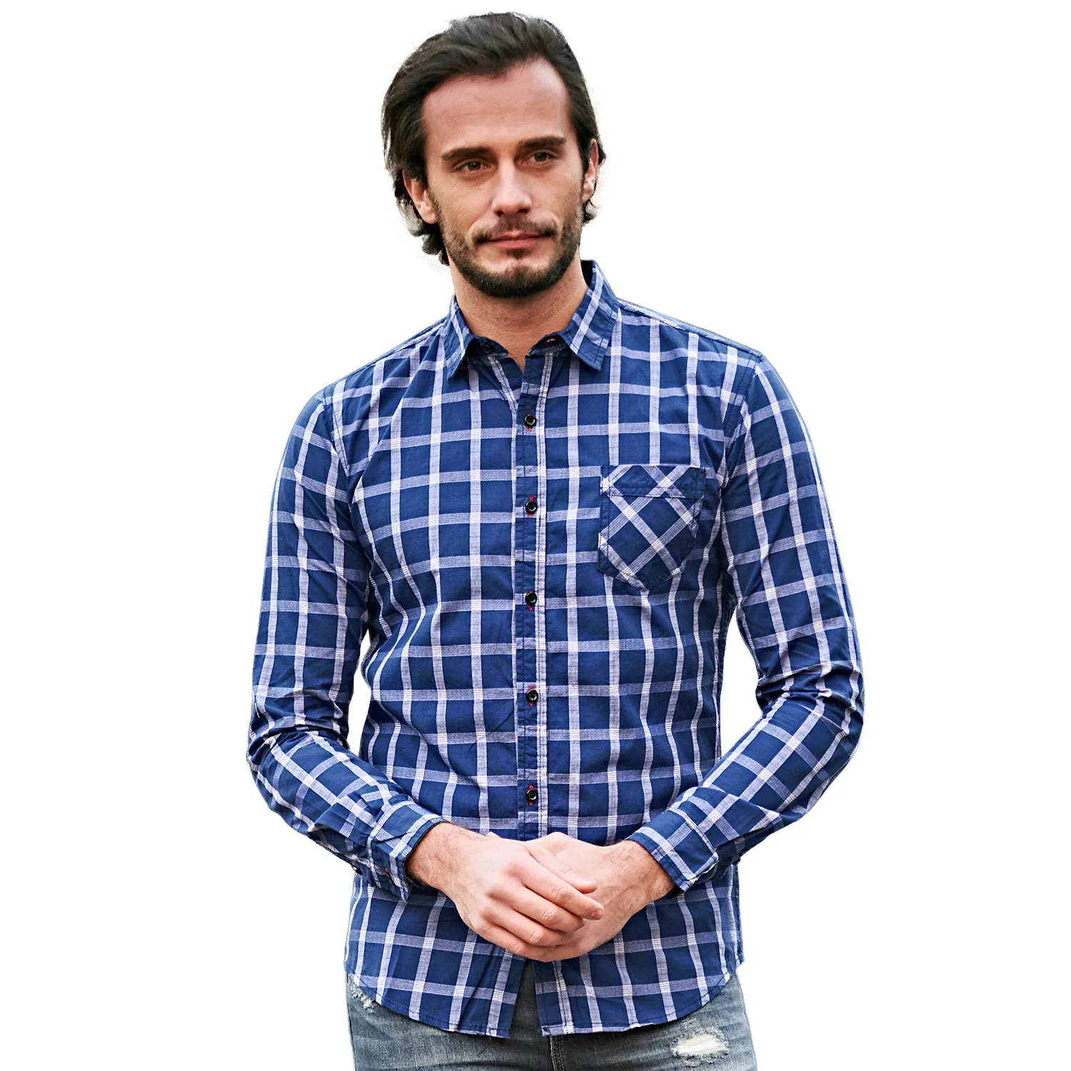 2018 New European And American Men s Denim Long Sleeve Shirt Plaid