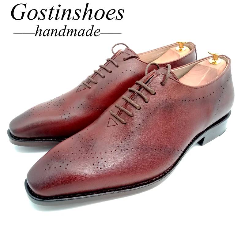 Goodyear Welted Handmade Men Dress Shoes Brown Genuine Leather Men Formal Shoes Oxfords Pointed Toe Lace-up Men Shoes GSTN013