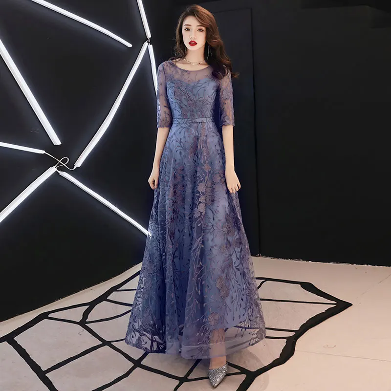 evening dresses with sleeves Lace Evening Dresses Long 2021 Elegant O-neck A-line Floor-Length Formal Evening Gown With Sleeves plus size evening dresses Evening Dresses