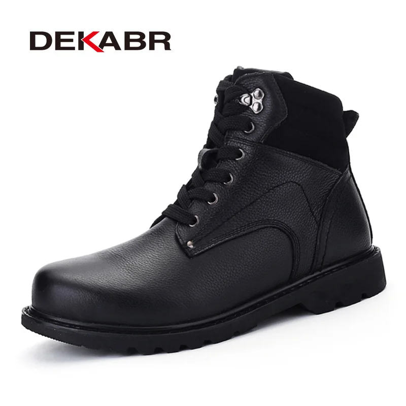 

DEKABR Brand Genuine Leather Winter Warm Fur Vintage Motorcycle Boots Male Riding Shoes Men Snow Ankle High Top Men's Boots