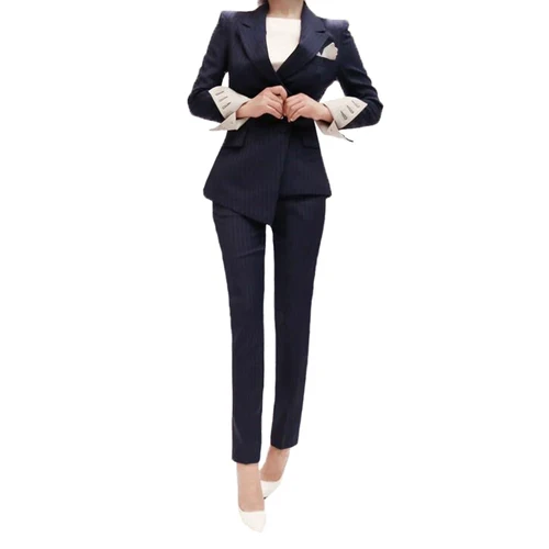 

Women Irregular Striped Pant Suits Single Breasted Blazer Jacket And Slim Pencil Pant 2 Pieces Set Female Wear To Business Suits