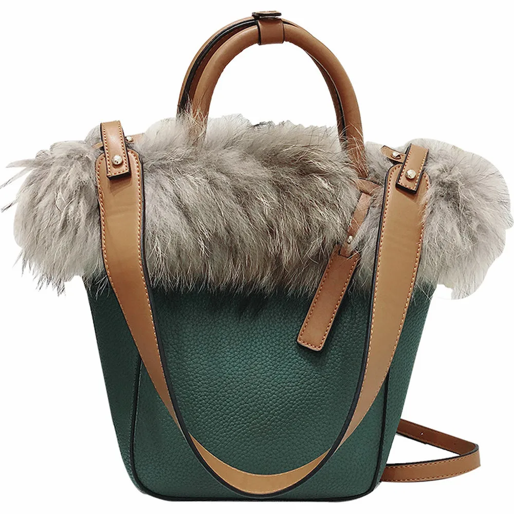 

2018 New Bucket Bag Handbag Fashion Single Shoulder Female Bags Leisure Fur Patchwork Large Capacity Elegant Stylish All-match