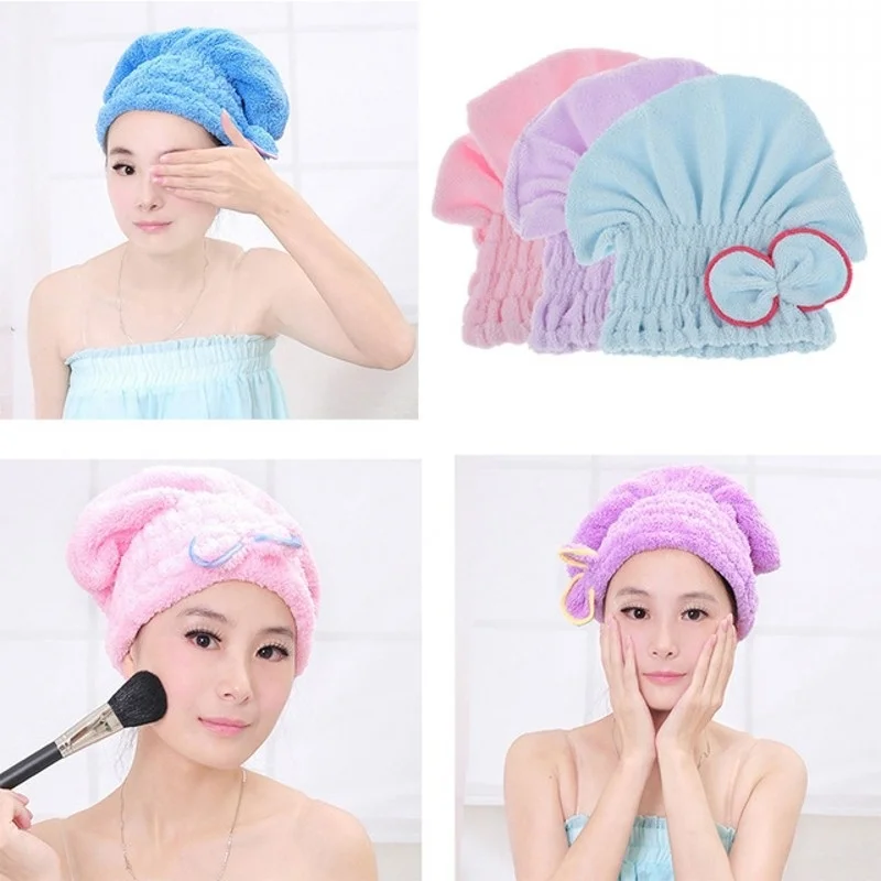 

Bowknot Wrap Drying Towel Quickly Dry Hair Hat Womens hair cap Bath Accessories Head Wrap Hat sauna accessories 6 Colors