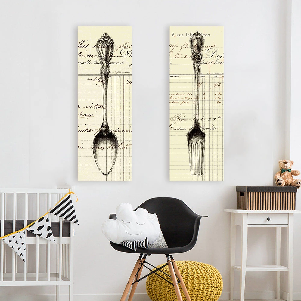 

HDARTISAN Modern Canvas Art 2 Pieces Wall Pictures Tableware Fork and Spoon For Dining Room Home Decor Frameless