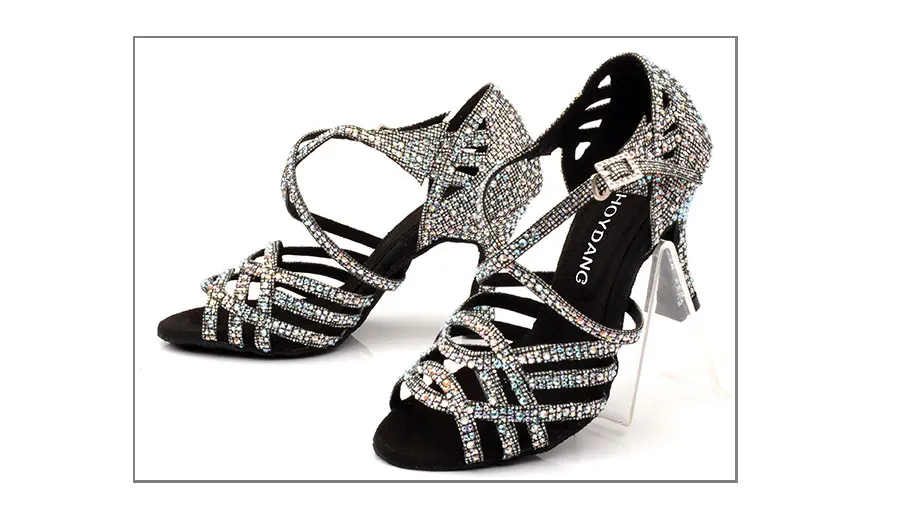 SHOYDANC Для женщин сальса вечерние бальные туфли Латинская танцевальная обувь, большие и маленькие размеры Стразы блестящие сандалии решетки блеск кубинский каблук 9 см