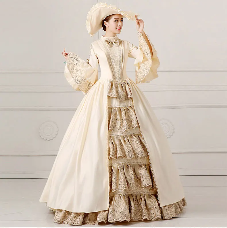 Victorian Medieval Women Belle Retro Lace Ball Gown Dress Party Palace Cosplay