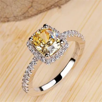 

Wedding Rings for Women Sterling 925 Silver Fine Jewelry Rectangle Yellow Cubic Zirconia Ring Bridal Romantic Engagement Bijoux