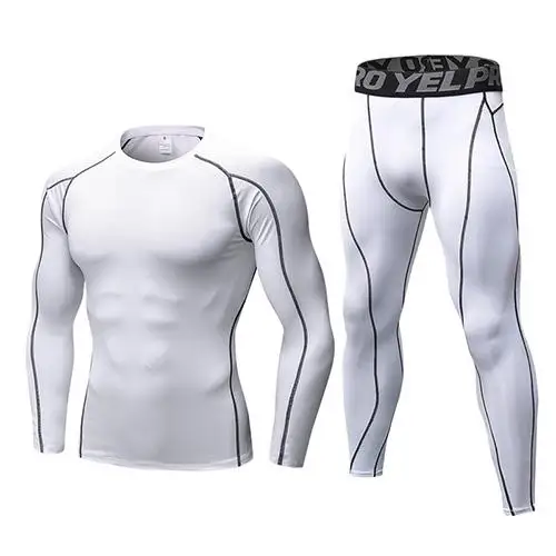 Новинка, брендовая мужская спортивная одежда для фитнеса, мужские футболки для пробежки+ штаны, трико, спортивные костюмы для спортзала, тренировок, компрессионный набор для бега - Цвет: Белый