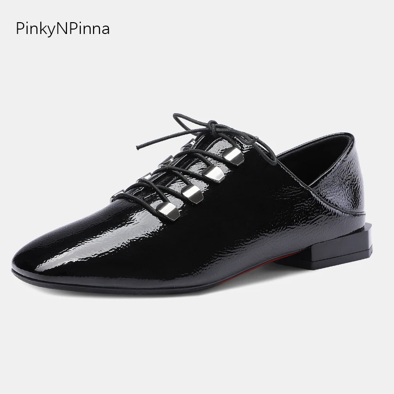 

fashion women pleated soft patent leather Oxford shoes laced up low heels banquet party office casual chic shoes plus size 43