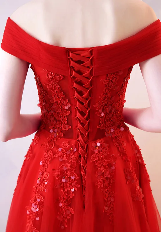 JaneVini красивый красный Тюль Блестки Длинные платья невесты 2018 линия плеча с кружевной аппликацией Для женщин вечерние платья