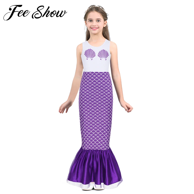 Kids Girls Cute Sleeveless Shell Mermaid Scales Printed Long Dress for