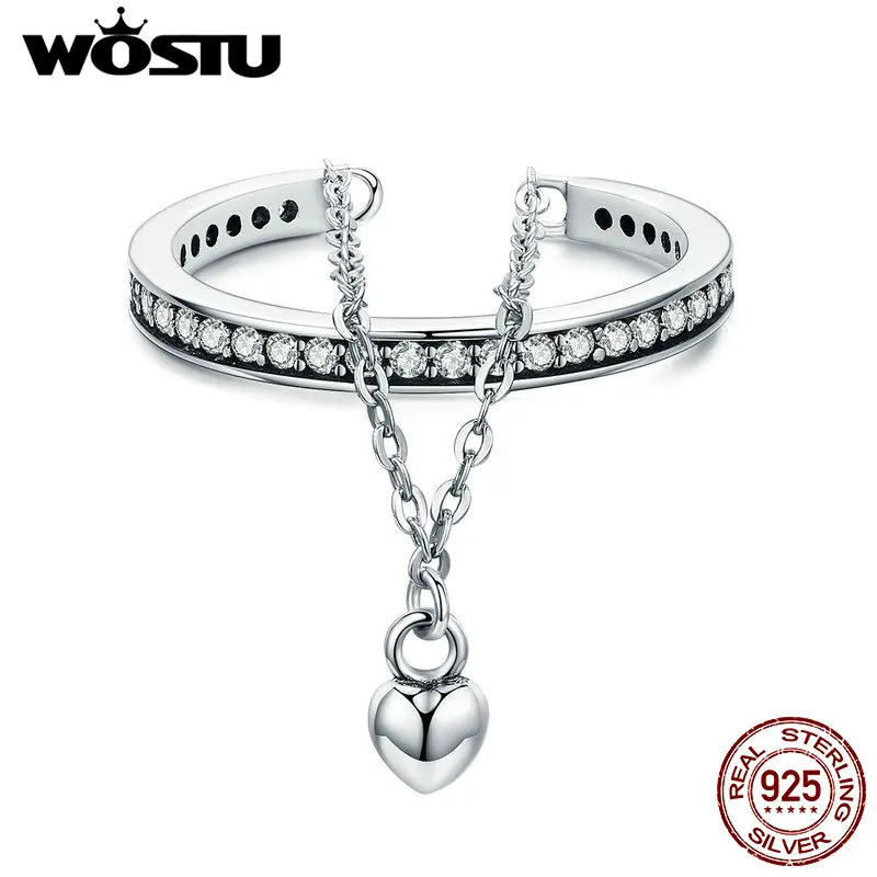WOSTU 925 пробы Серебряное кольцо с сердечком регулируемая ссылка палец кубический циркон кольца для Для женщин